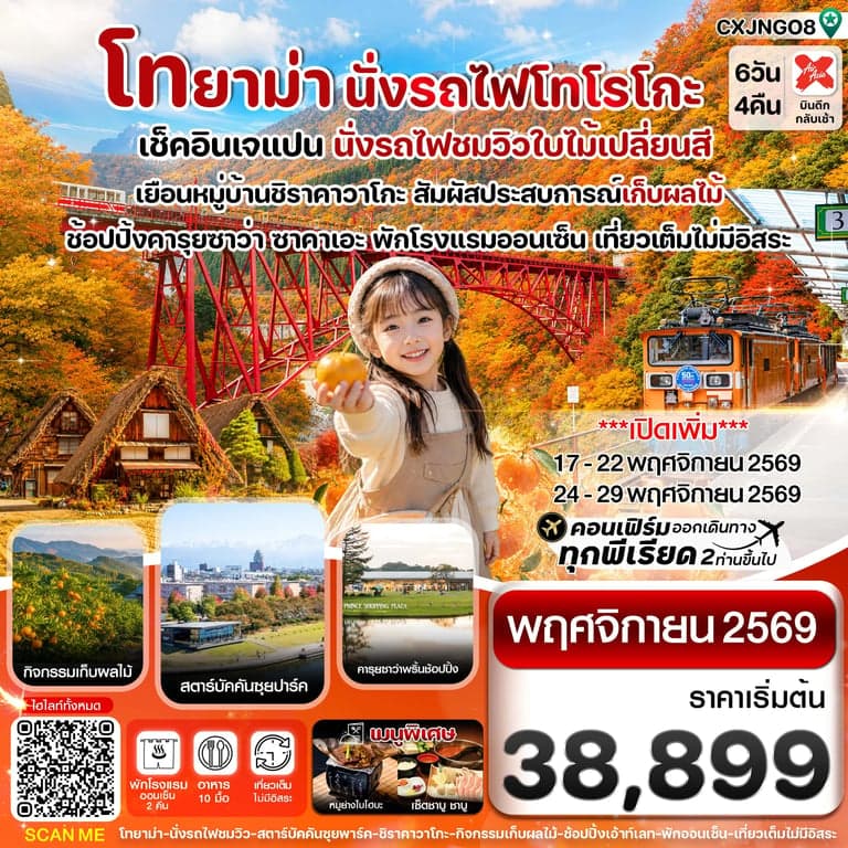 ทัวร์ญี่ปุ่น โทยาม่า นั่งรถไฟโทโรโกะ ชมวิวใบไม้เปลี่ยนสี เที่ยวเต็มไม่มีอิสระ 6 วัน 4 คืน