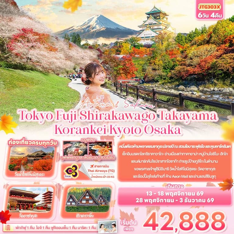 ทัวร์ญี่ปุ่น โตเกียว ฟูจิ ชิราคาวาโกะ ทาคายาม่า โอซาก้า 6 วัน 4 คืน